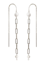 Mae Paperclip Chain and Pearl Threader Earrings in Silver