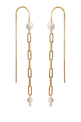 Mae Paperclip Chain and Pearl Threader Earrings in Gold
