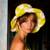 SHILO Checkered Crochet Hat in Lime Green & White
