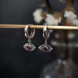 Evil Eye Hoop Earring With Garnet - Sterling Silver