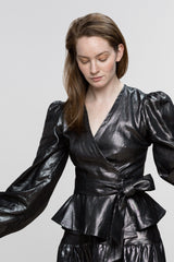 Lou Wrap Top / Silver on Black Linen - ourCommonplace