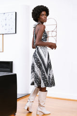 Freya Halter Dress / Black & Milky White Floral Stripe Cotton - ourCommonplace