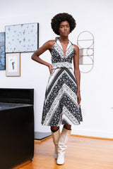 Freya Halter Dress / Black & Milky White Floral Stripe Cotton - ourCommonplace