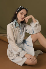 Hand Marbled Silk Button Up Dress - Blue & Grey - ourCommonplace