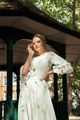 Hand Marbled Silk Gather Dress - White & Green - ourCommonplace