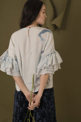 Hand Marbled Silk Ruffled Flounce Top - Blue & White - ourCommonplace
