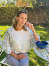 Hand Marbled Silk Ruffled Flounce Top - Blue & White - ourCommonplace