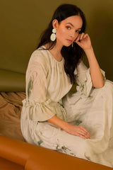 Hand Marbled Silk Gather Dress - White & Green - ourCommonplace