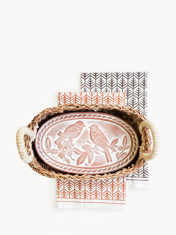 Bread Warmer & Basket Gift Set With Tea Towel - Lovebird Oval