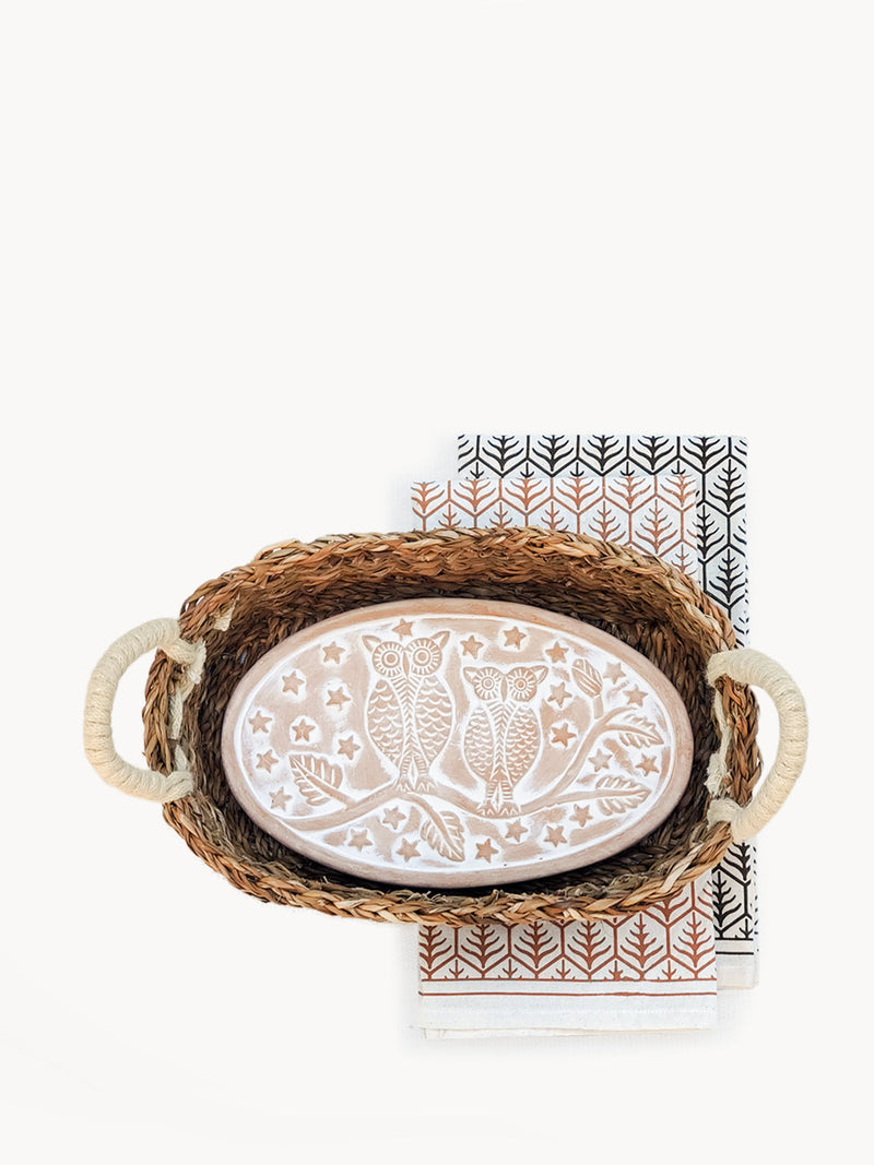 Bread Warmer & Basket Gift Set With Tea Towel - Owl Oval
