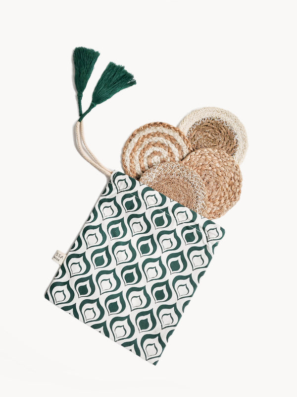 Natural Coaster Gift Set With Green Pouch