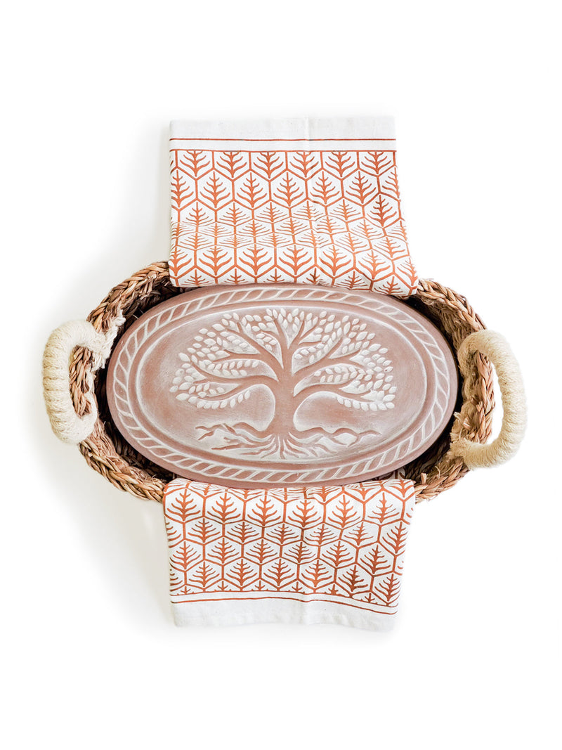 Bread Warmer & Basket Gift Set With Tea Towel - Tree of Life Oval