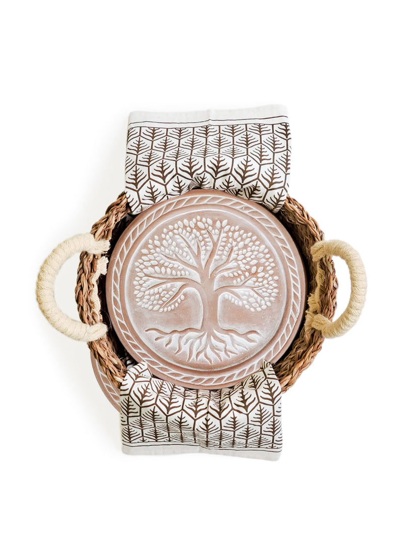 Bread Warmer & Basket Gift Set With Tea Towel - Tree of Life Round