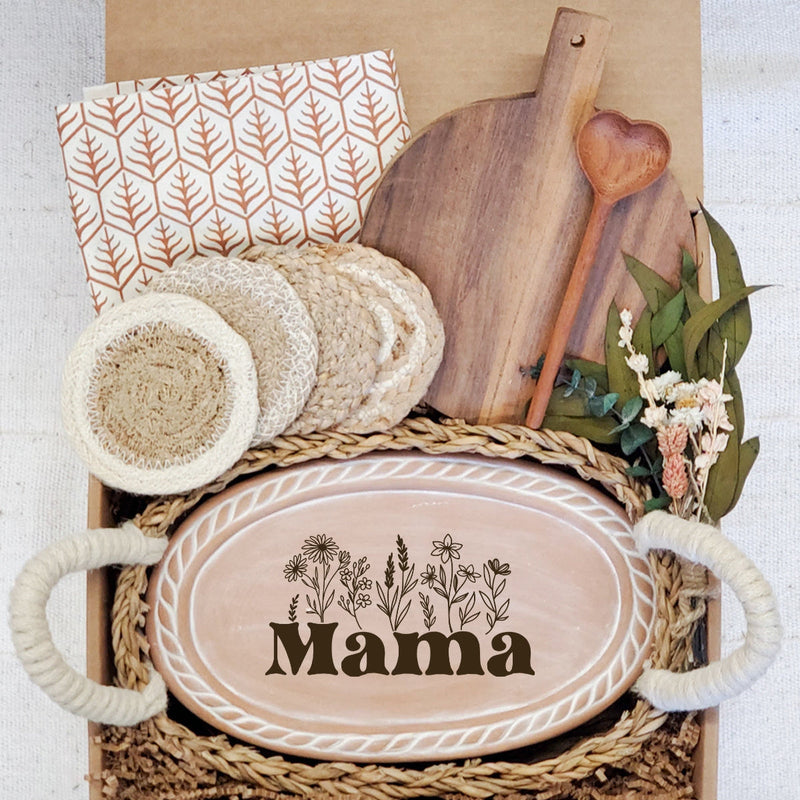 Bread Warmer Gift Box With Round Wooden Board and Spoon - Mom Oval