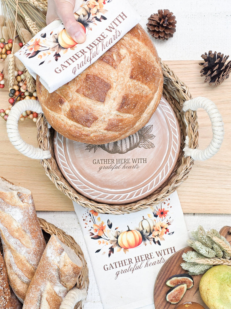 Bread Warmer & Basket Gift Set With Tea Towel - Pumpkin Round