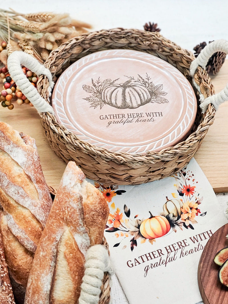 Bread Warmer & Basket Gift Set With Tea Towel - Pumpkin Round