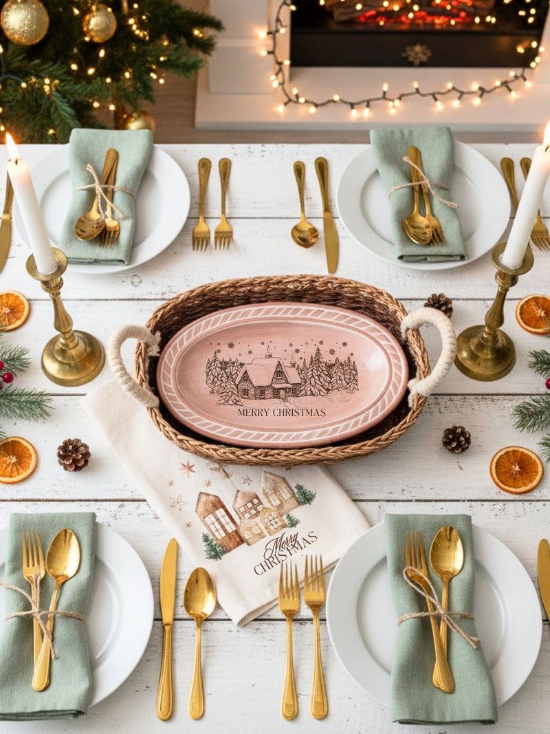 Bread Warmer Gift Box With Pot Holder and Tea Towel - Christmas Oval