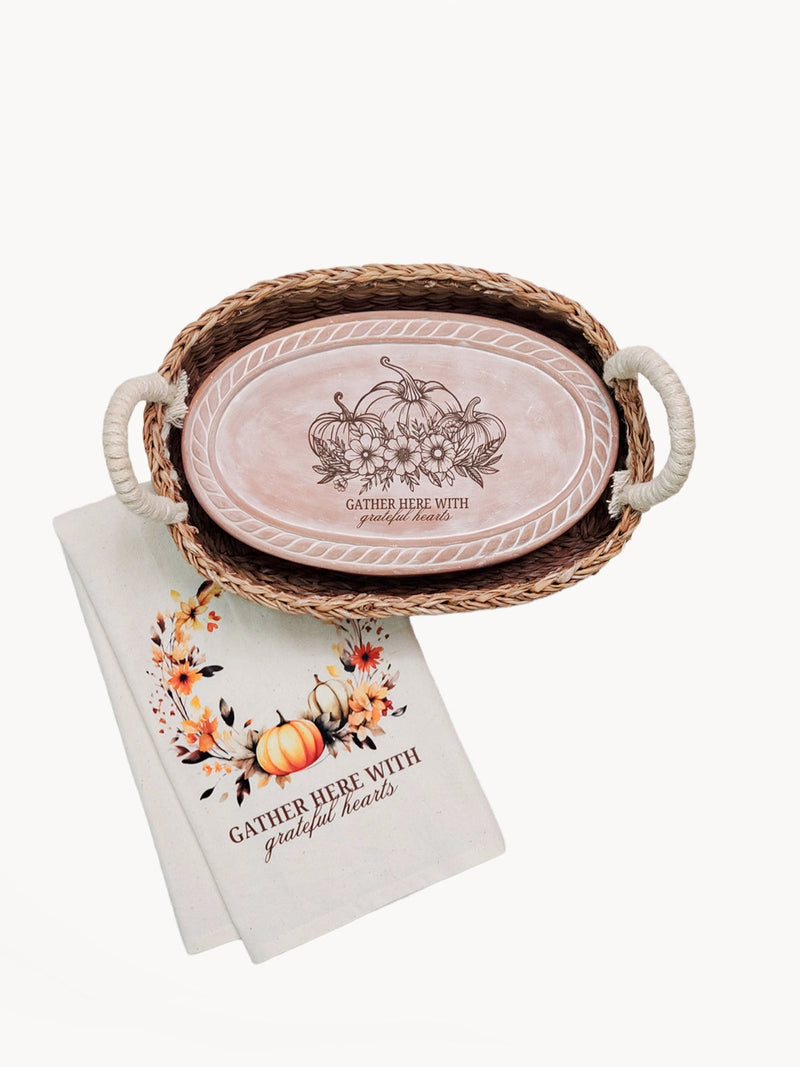 Bread Warmer & Basket Gift Set With Tea Towel - Pumpkin Oval