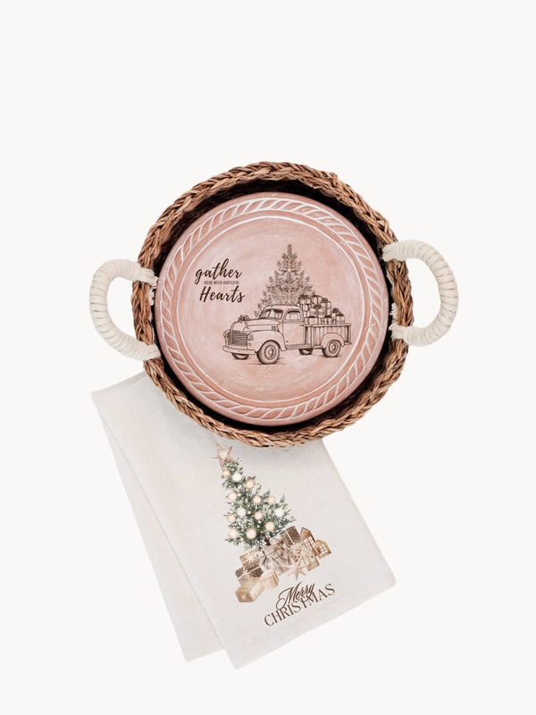 Bread Warmer & Basket Gift Set With Tea Towel - Christmas Truck Round