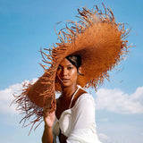 AMORA Oversized Woven Straw Hat in Chestnut Brown