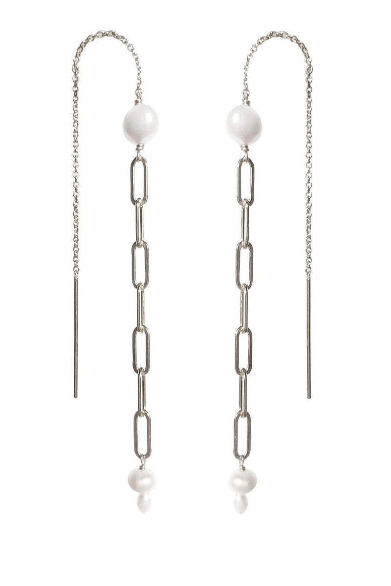 Mae Paperclip Chain and Pearl Threader Earrings in Silver