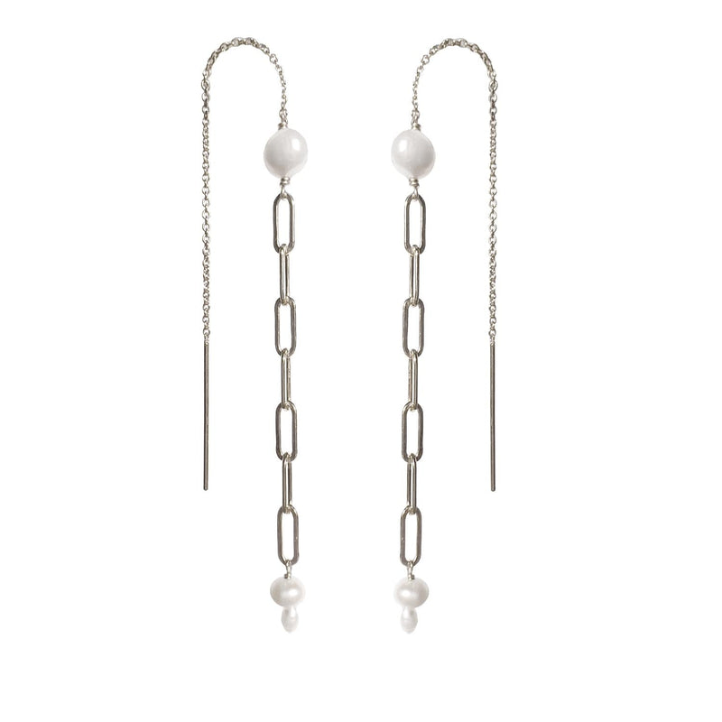 Mae Paperclip Chain and Pearl Threader Earrings in Silver