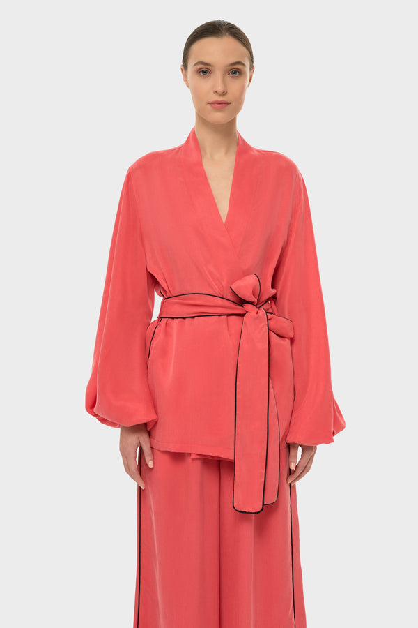 Coral AquaFlora Balloon Sleeve Wrap Top
