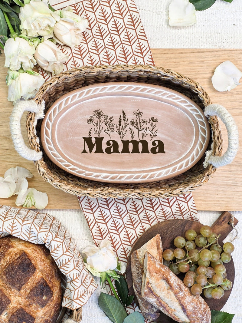 Bread Warmer & Basket Gift Set With Tea Towel - Mom Oval