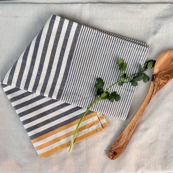Gray With Yellow Stripes Kitchen Towels - Set of 2