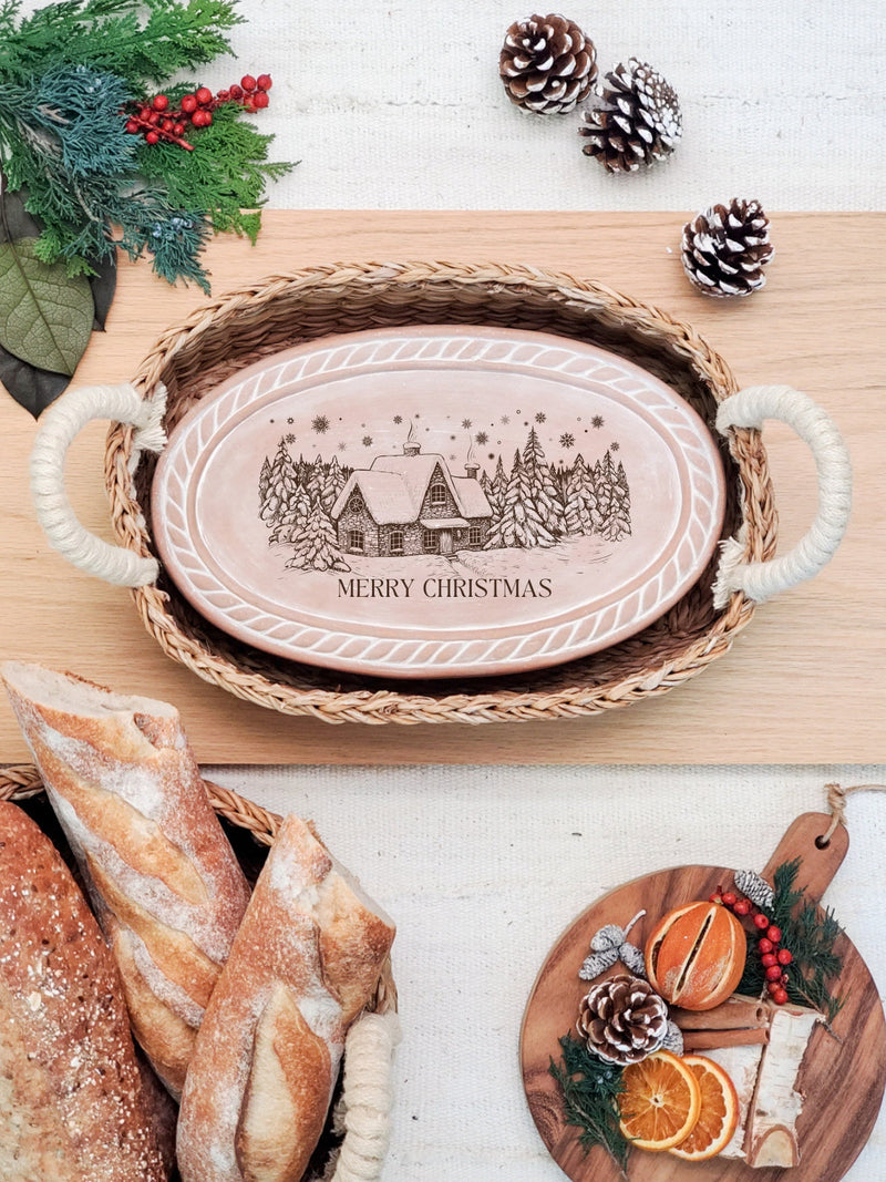 Bread Warmer Gift Box With Rectangular Wooden Board and Spoon - Christmas Oval