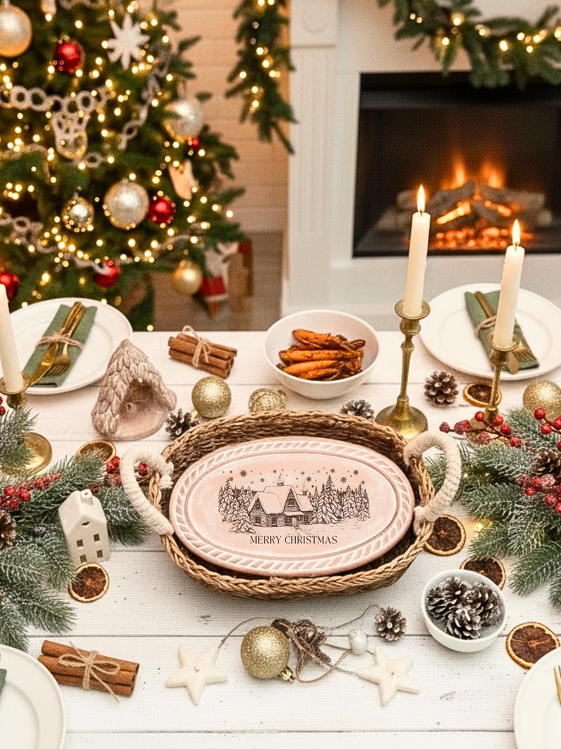 Bread Warmer Gift Box With Rectangular Wooden Board and Spoon - Christmas Oval