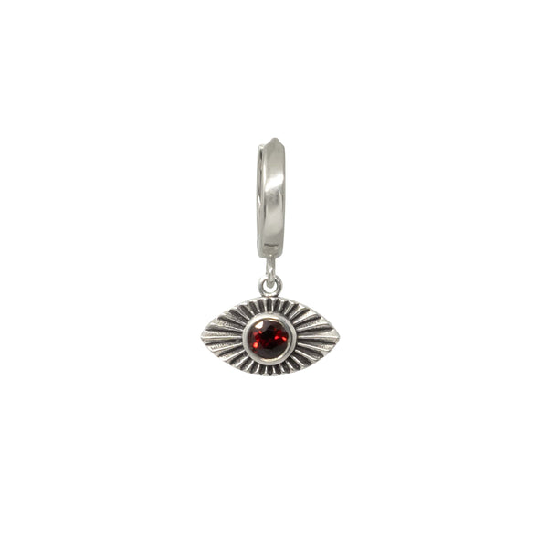 Evil Eye Hoop Earring With Garnet - Sterling Silver