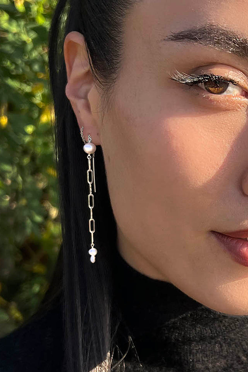 Mae Paperclip Chain and Pearl Threader Earrings in Silver