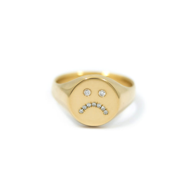 Sad Face Signet Ring - 14K Yellow Gold