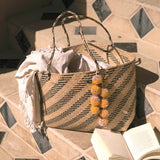 Borneo Sani Stripes Straw Tote Bag - With Marigold Tiered Pom-Poms - ourCommonplace