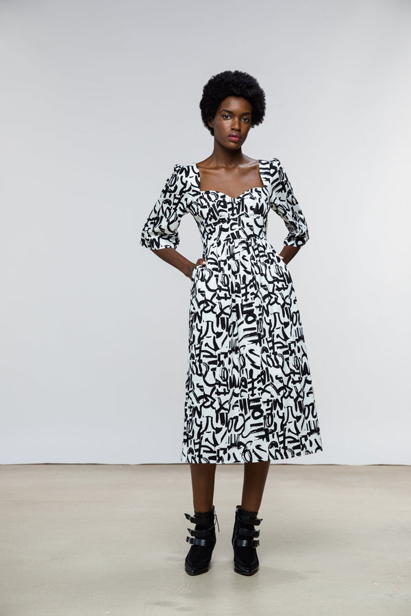 Suzan Dress / Milk + Black Brushstroke Cotton - ourCommonplace