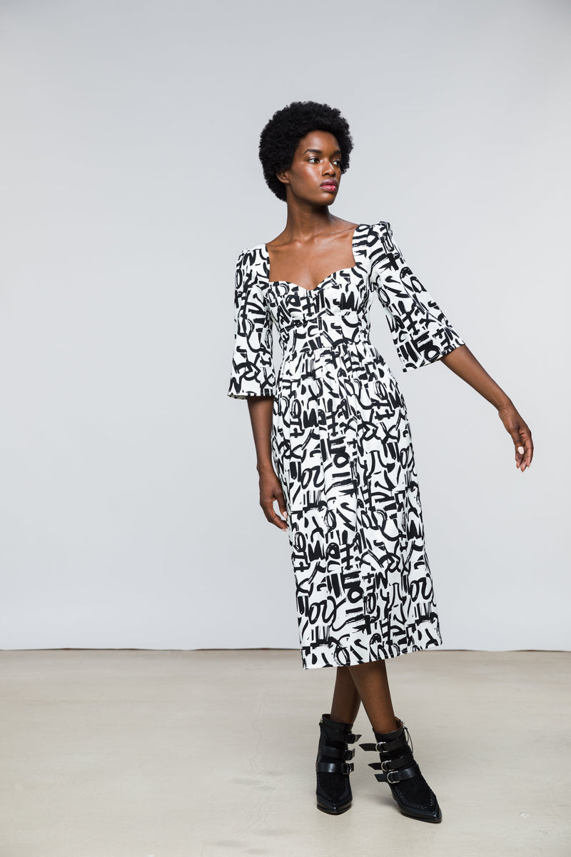 Suzan Dress / Milk + Black Brushstroke Cotton - ourCommonplace