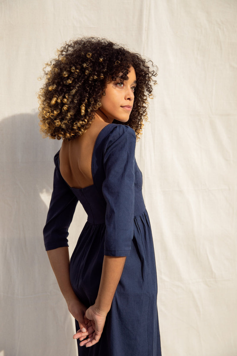 Violet Dress / Navy Stretch Linen - ourCommonplace