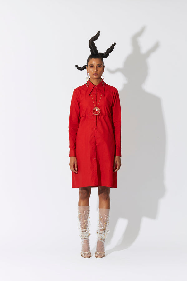 Cross Placket Shirt Dress Red - ourCommonplace