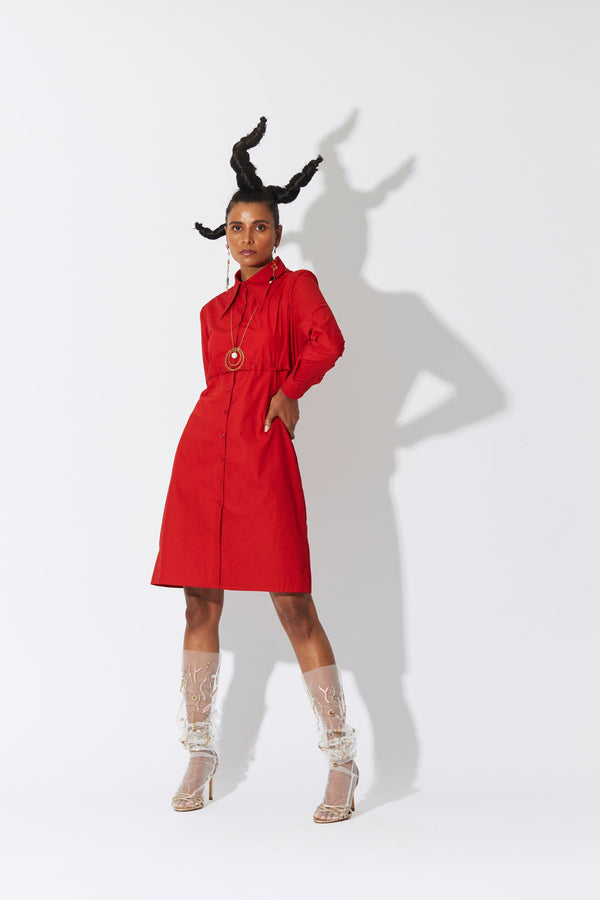 Cross Placket Shirt Dress Red - ourCommonplace