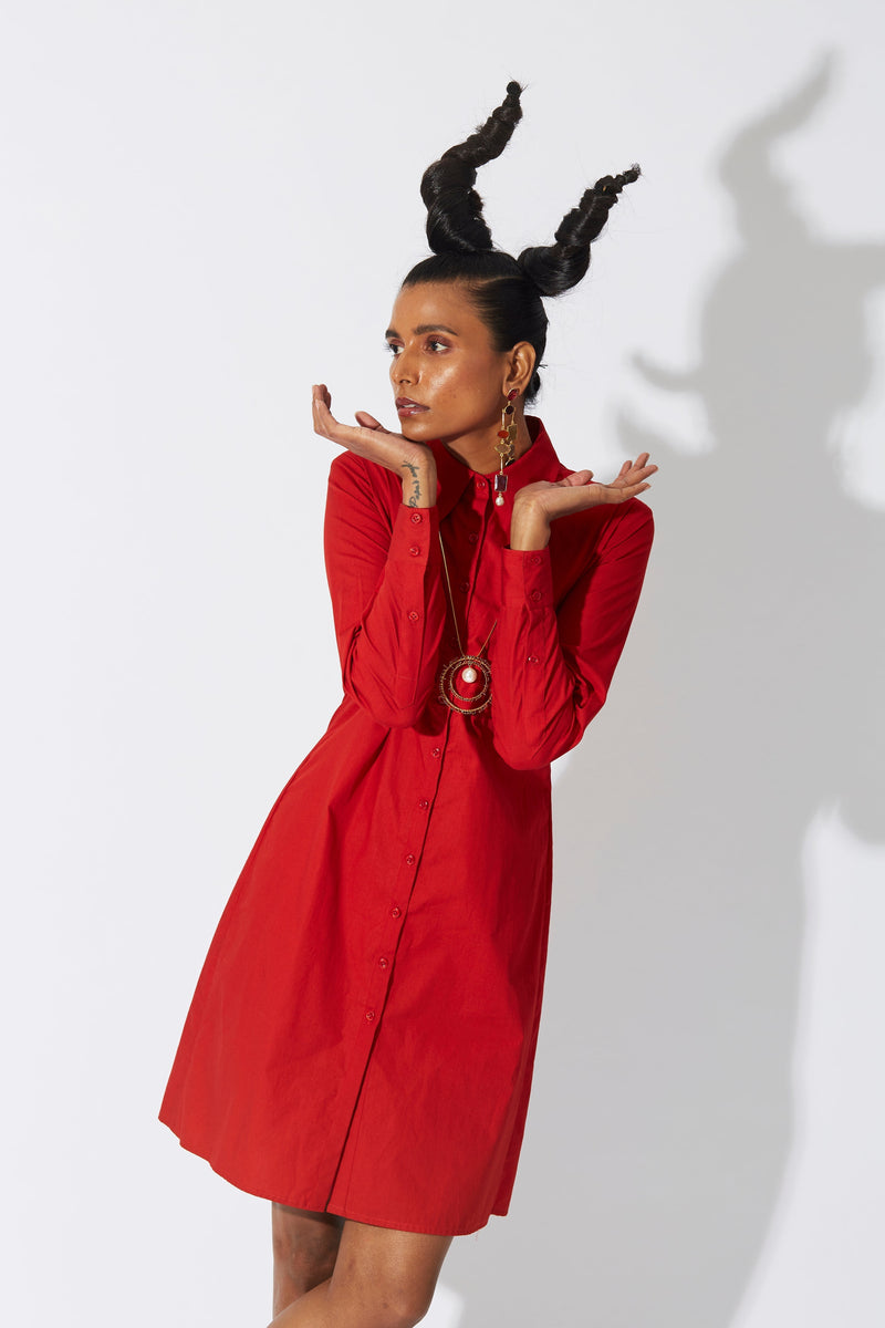 Cross Placket Shirt Dress Red - ourCommonplace