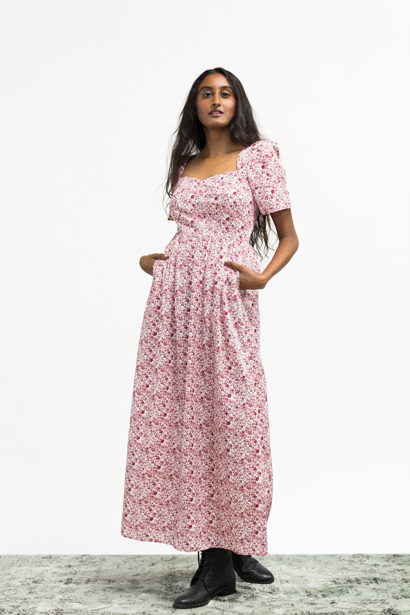 Beatrice Maxi Dress With Sweetheart Neckline / Pink + Milkly White Liberty Floral Cotton - ourCommonplace