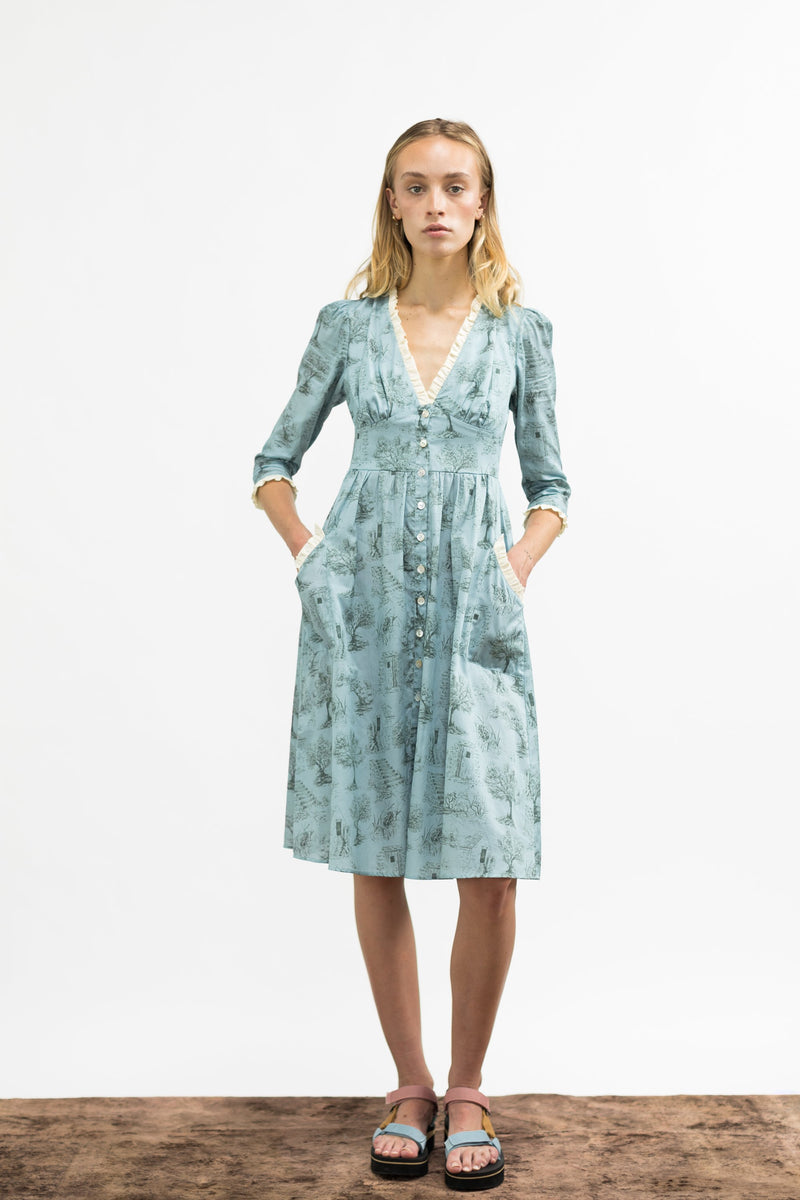 Antonia Dress / Cottage Blue + Pewter Green Cotton Toile - ourCommonplace