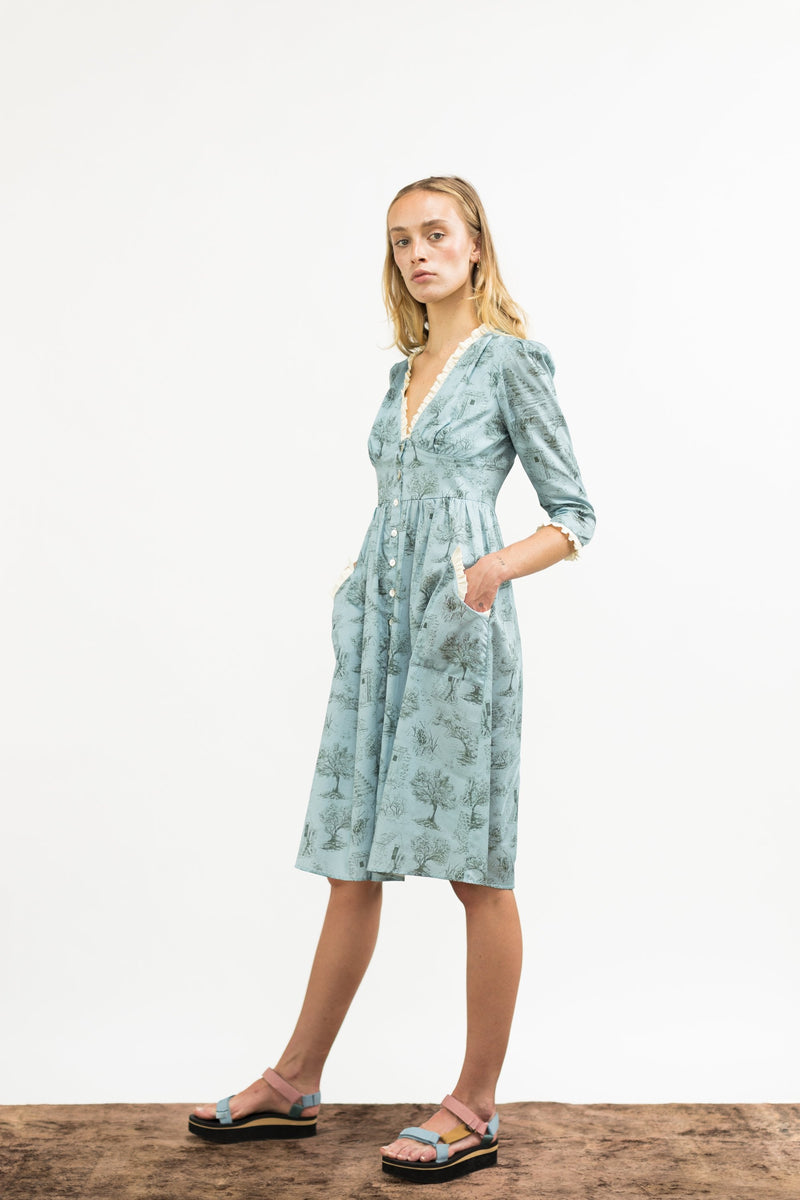 Antonia Dress / Cottage Blue + Pewter Green Cotton Toile - ourCommonplace