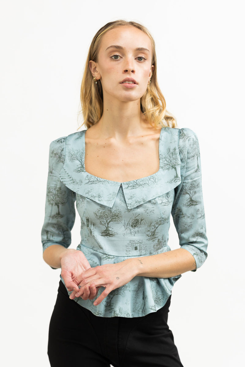 Mari Top / Cottage Blue + Pewter Green Cotton Toile - ourCommonplace