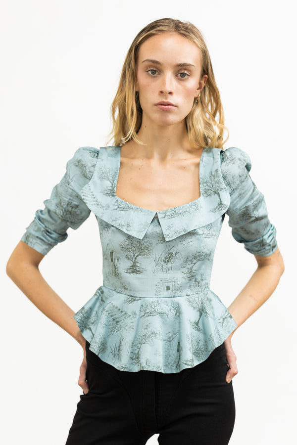 Mari Top / Cottage Blue + Pewter Green Cotton Toile - ourCommonplace