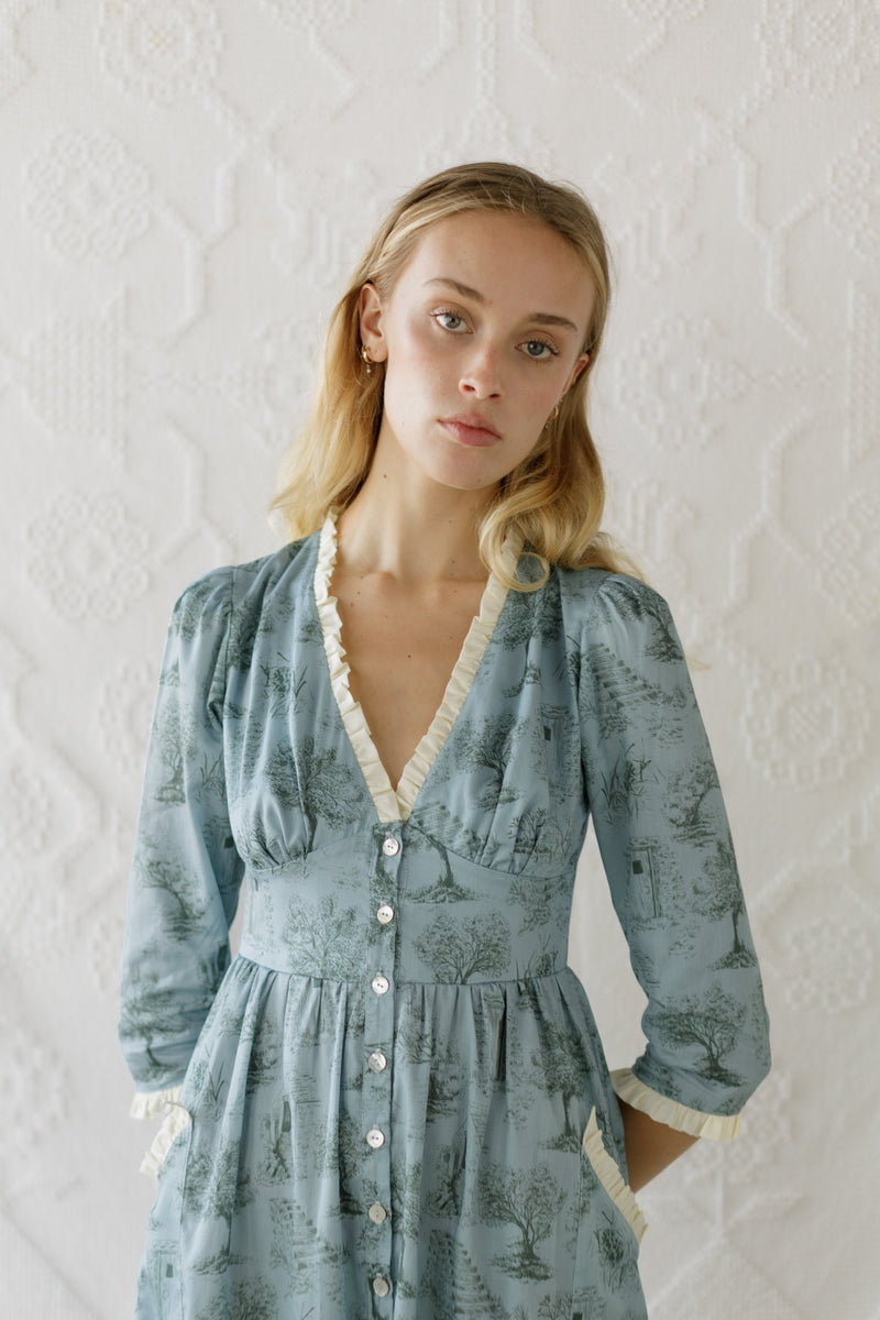 Antonia Dress / Cottage Blue + Pewter Green Cotton Toile - ourCommonplace