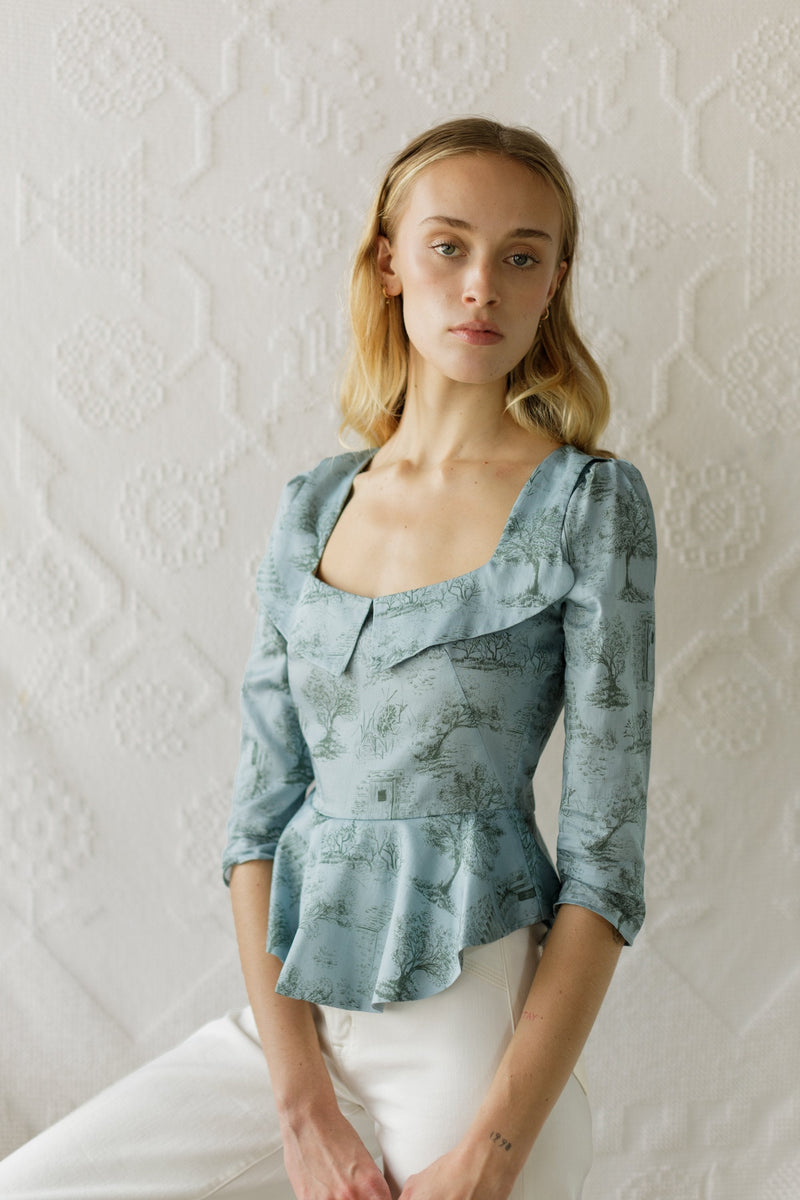 Mari Top / Cottage Blue + Pewter Green Cotton Toile - ourCommonplace