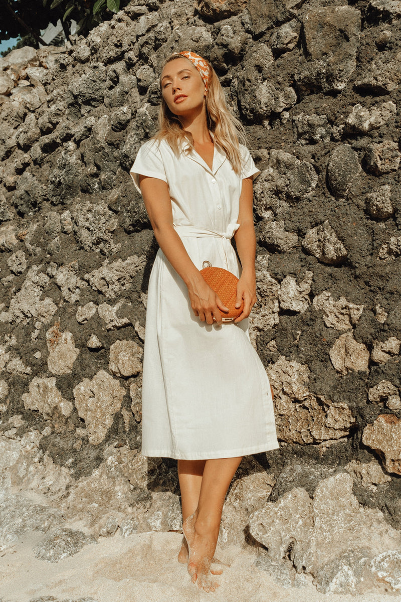 ARYA Safari Linen Midi Dress In Off White Large ARYA Safari Linen Midi Dress In Off White Large