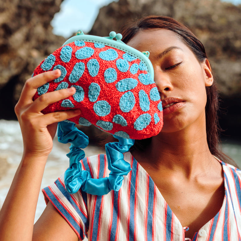 ARNOLDI ARIELA Hand-Beaded Clutch, in Red & Turquoise - ourCommonplace